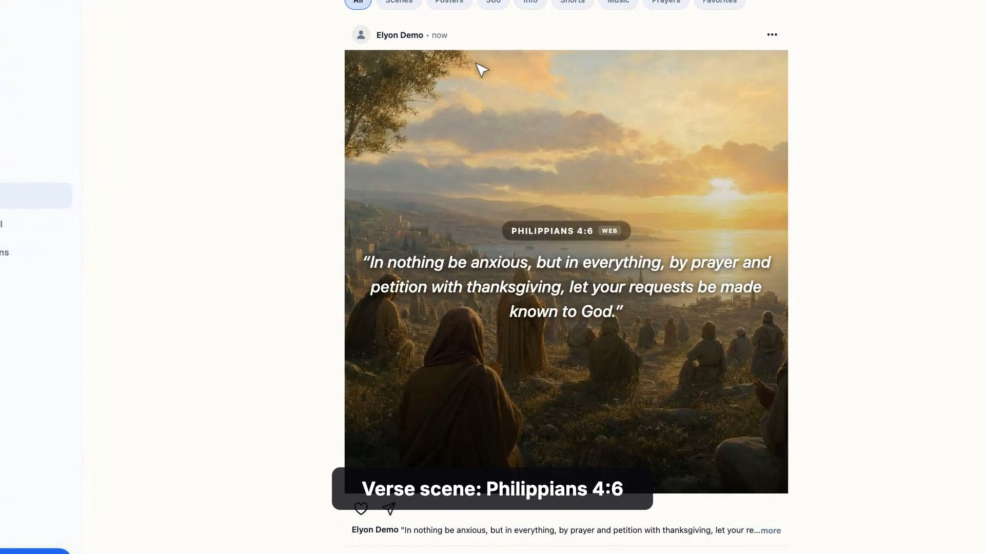 Elyon product demo: asking a real question, getting a Scripture-grounded answer, and creating a verse scene