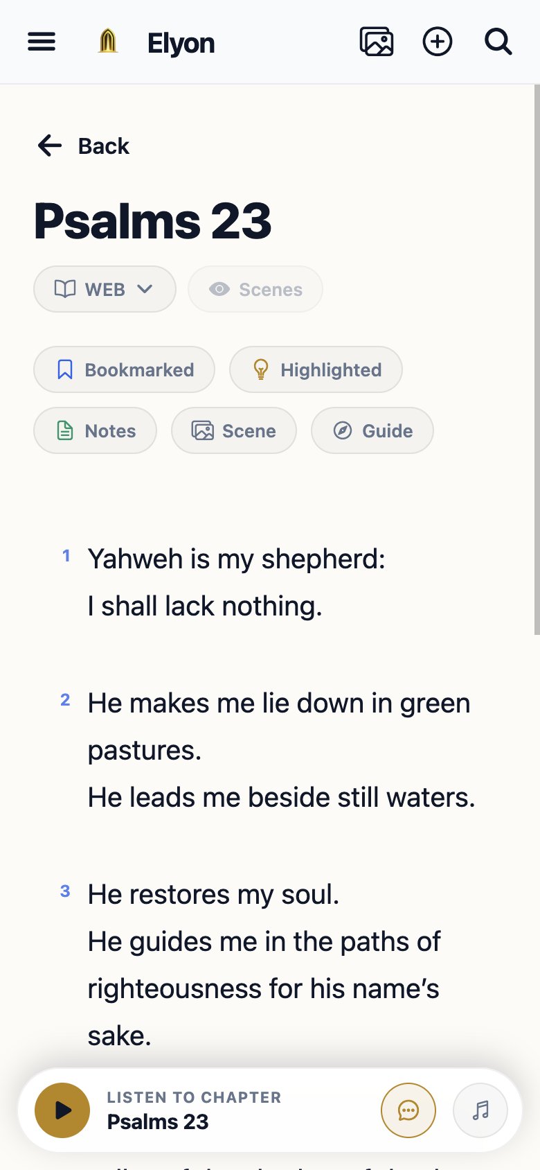 Elyon chapter reader: Psalms 23 with Listen, bookmarks, and Guide