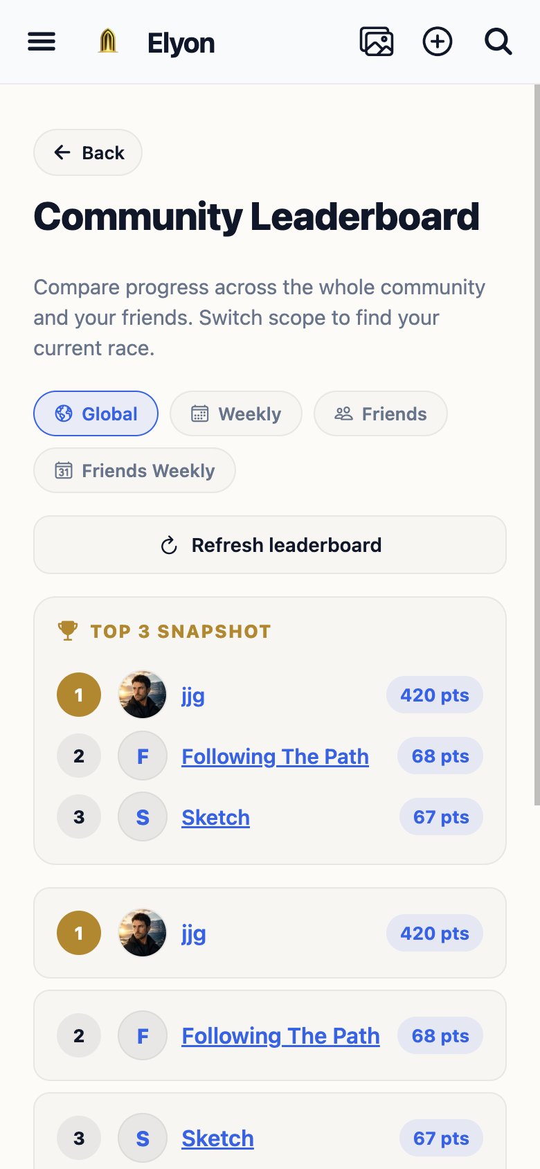 Elyon community leaderboard with global and friends scopes