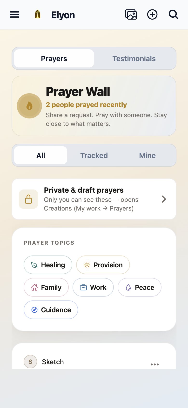Elyon Prayer Wall with topics and recent prayers