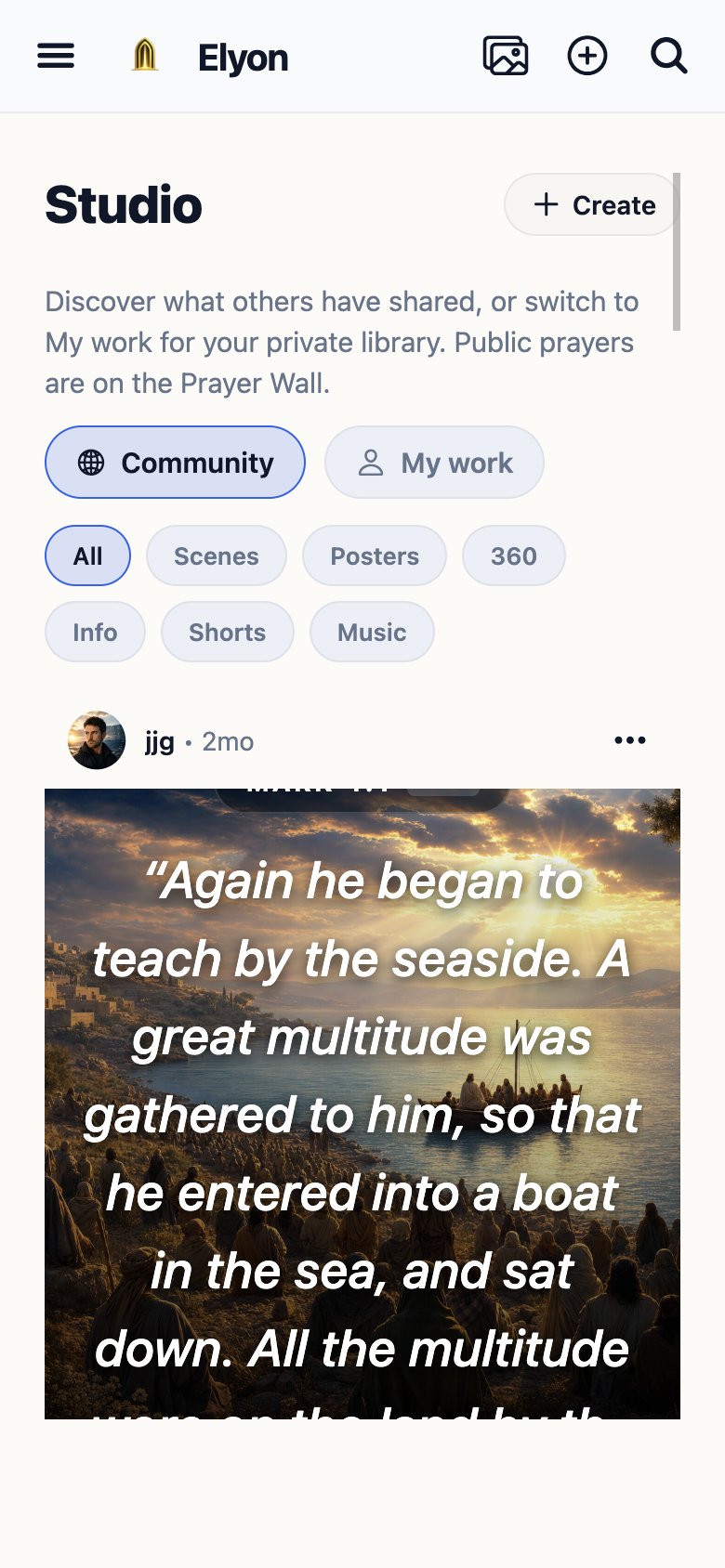 Elyon Studio community feed with a shared verse scene