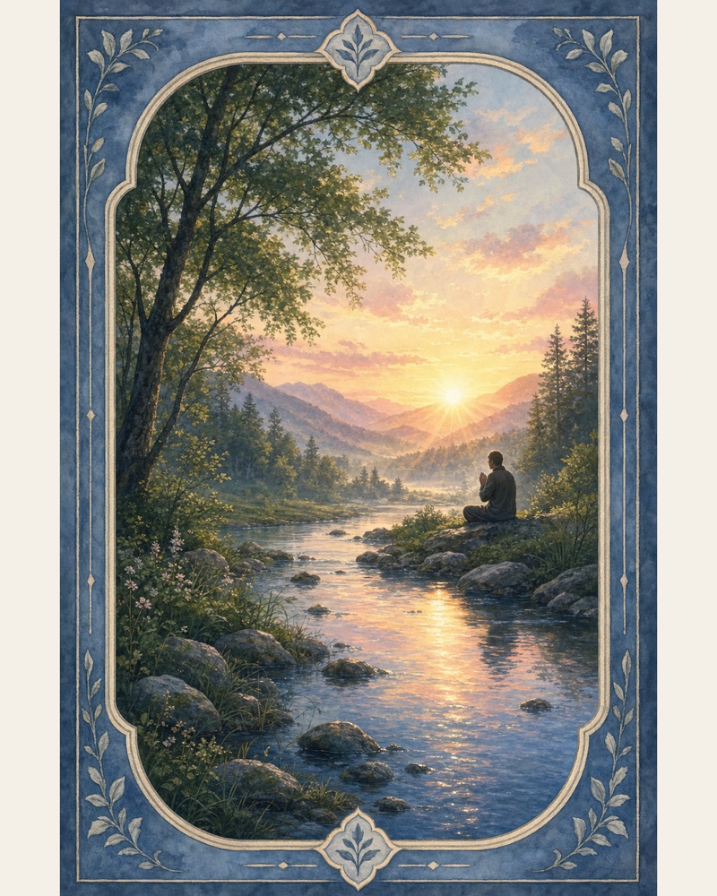 AI-generated prayer card for "Peace for today": a figure praying by a stream at dawn, framed in a decorative border