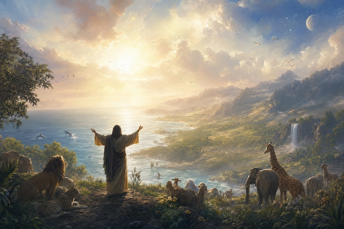 AI-generated verse scene of Genesis 1: creation, with animals gathered by the water at sunrise